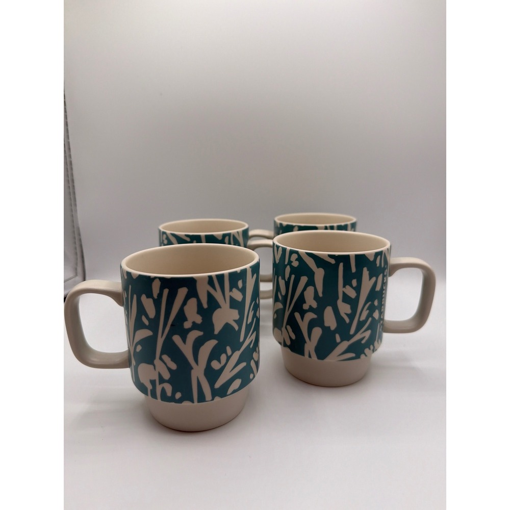 Starbucks Spring 2016 Teal Floral Stackable Mugs 12 oz Set of 4 Retired